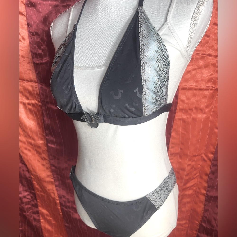 True Religion Beautiful Bikini. Unique design. TR print mixed w/snake silver.